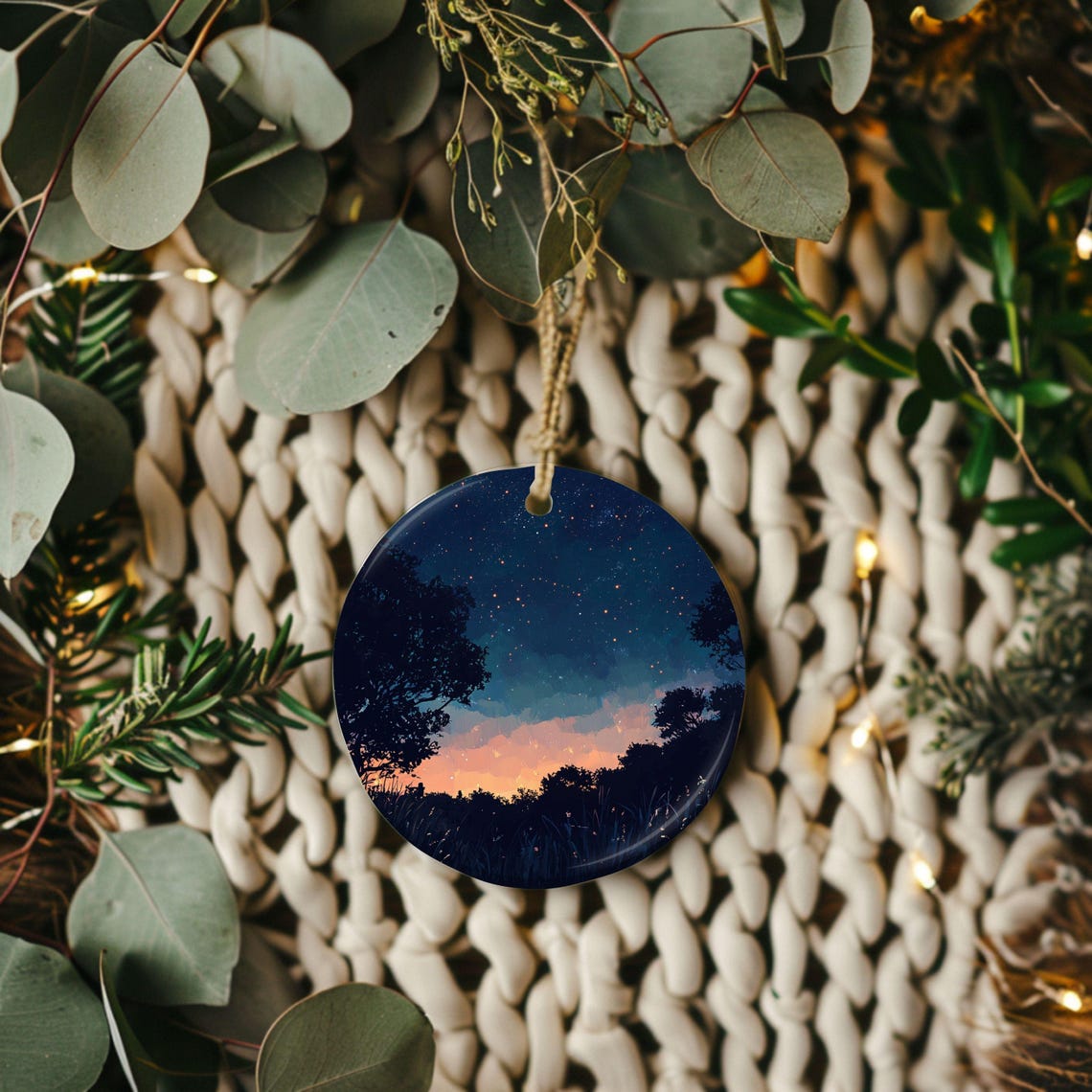 Starry Night Ornament Over Tree Silhouettes Sunset Round Poster - Image 3