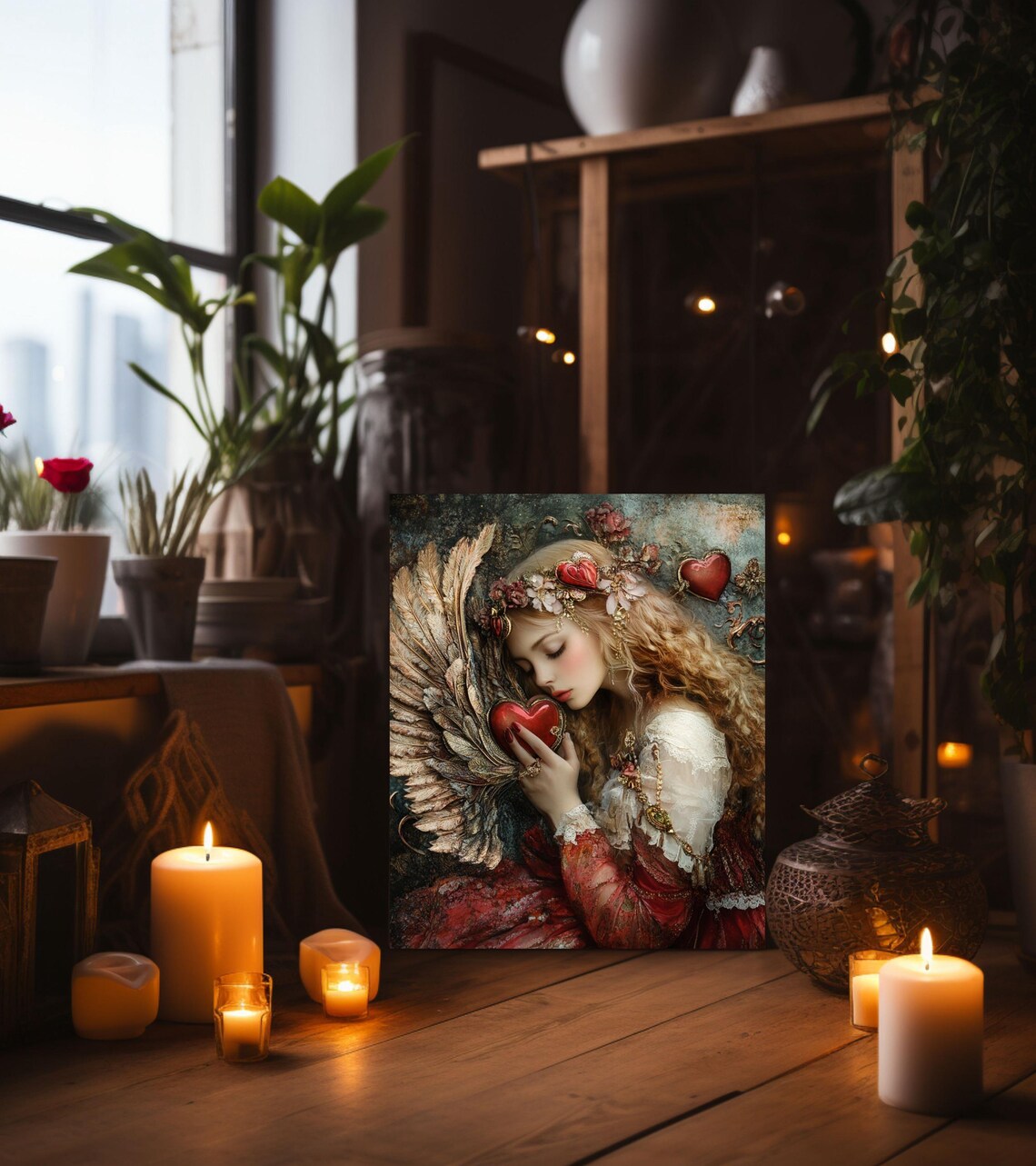 Victorian Angel Woman Holding Red Heart Valentine Goddess Art Poster - Image 3