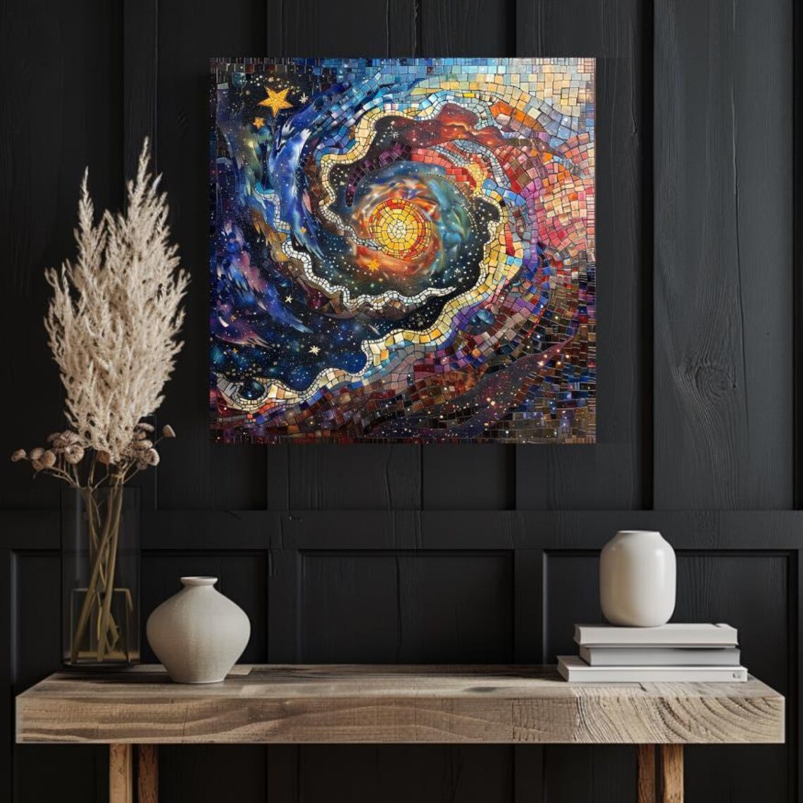 Celestial Galaxy Mosaic Art Swirling Stars Around Golden Sun Poster - Image 2