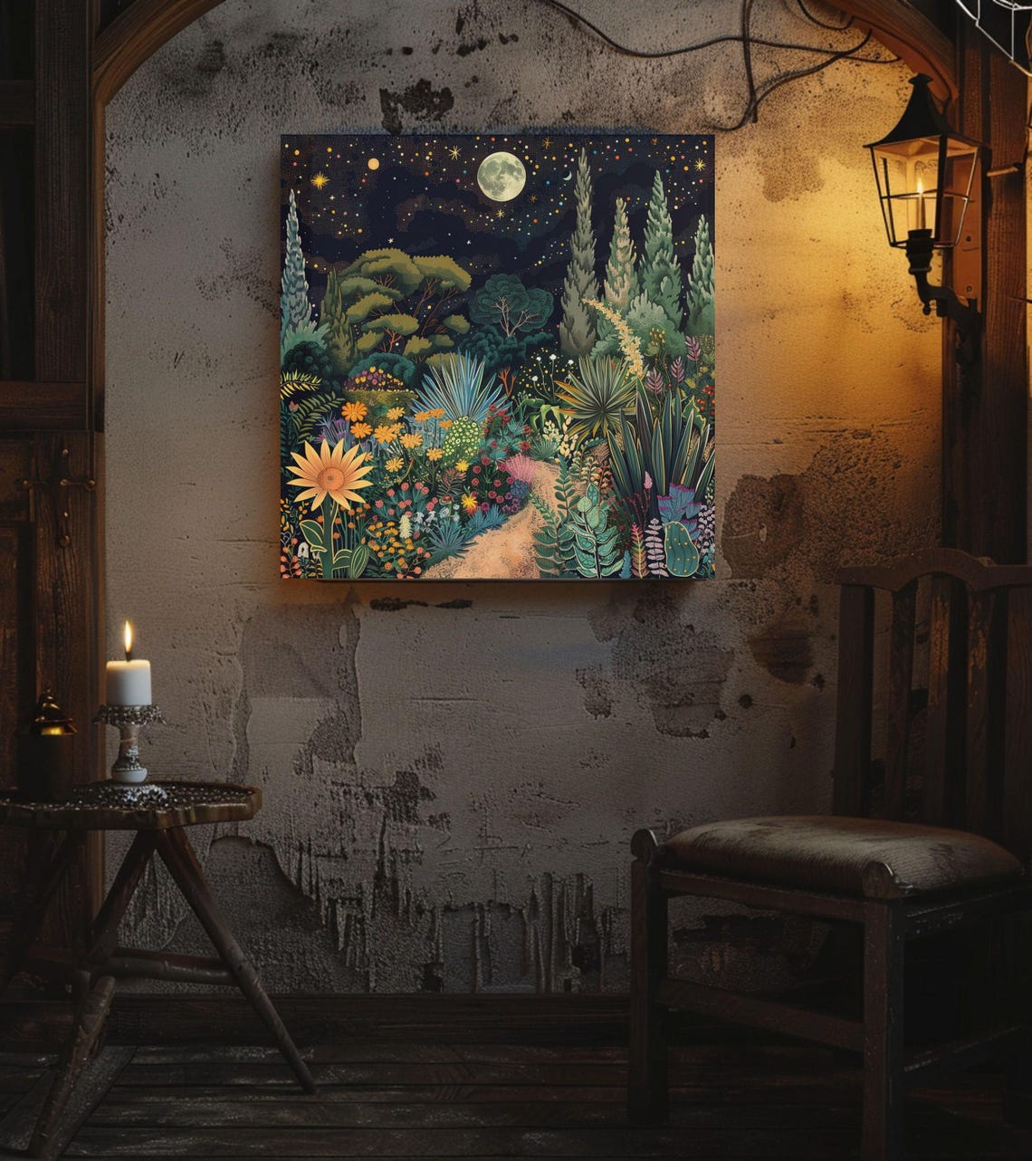 Moonlit Botanical Night Garden Under Starry Sky Floral Art Poster - Image 2