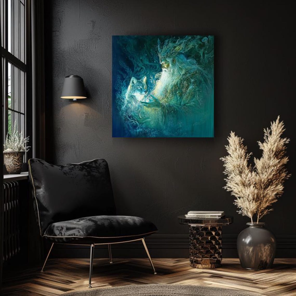 Mystical Wizard with Fox in Teal Magical Forest Fantasy Art Poster - Image 2