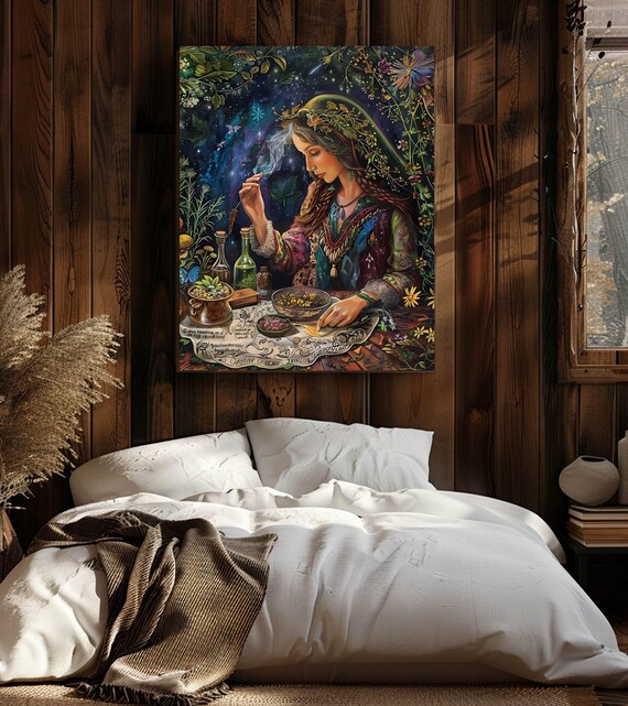 Witch Herbalist Mixing Herbs Under Starry Night Apothecary Art Poster