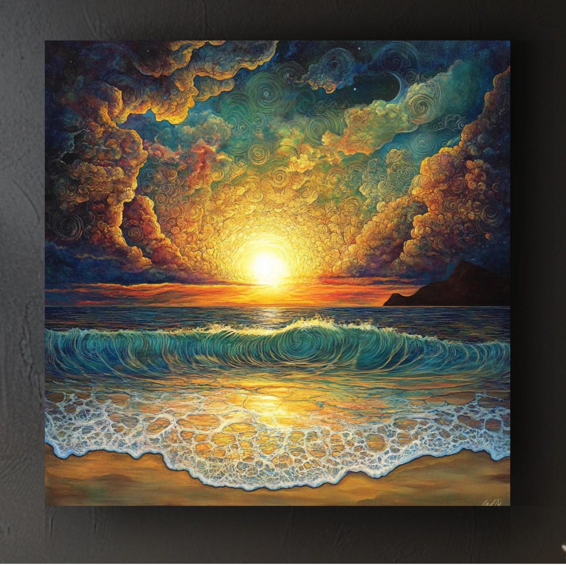 Golden Sunset Ocean Wave Swirling Clouds Seascape Art Poster
