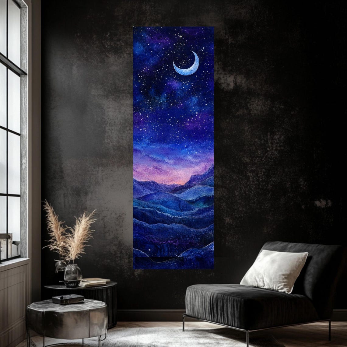 Crescent Moon Over Rolling Mountains Tall Vertical Night Sky Poster - Image 2