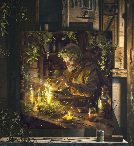 Elderly Herbalist Wizard Brewing Golden Potion Apothecary Art Poster