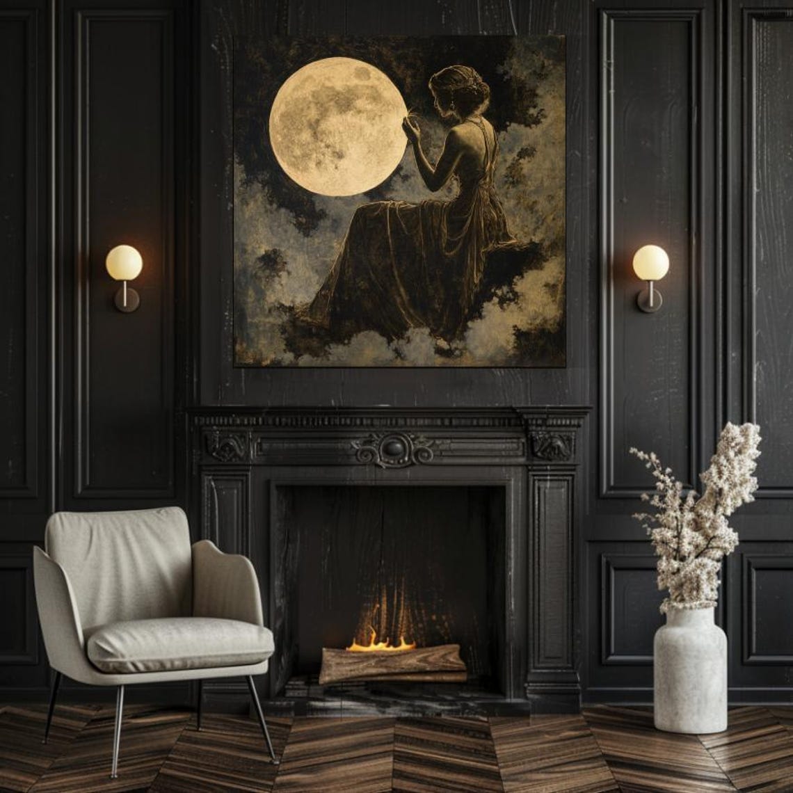 Moon Goddess Reaching for Full Moon Vintage Gold Night Art Poster - Image 2