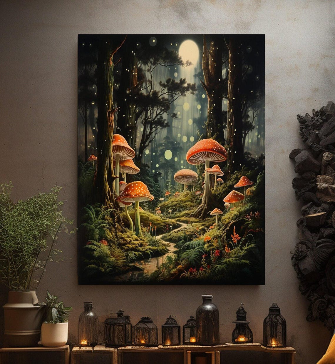 Moonlit Enchanted Mushroom Forest with Fireflies Fantasy Art Poster
