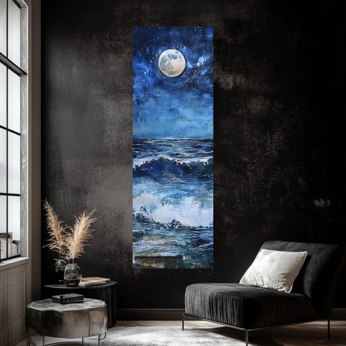 Full Moon Over Ocean Waves Tall Vertical Night Sea Art Poster - Image 2