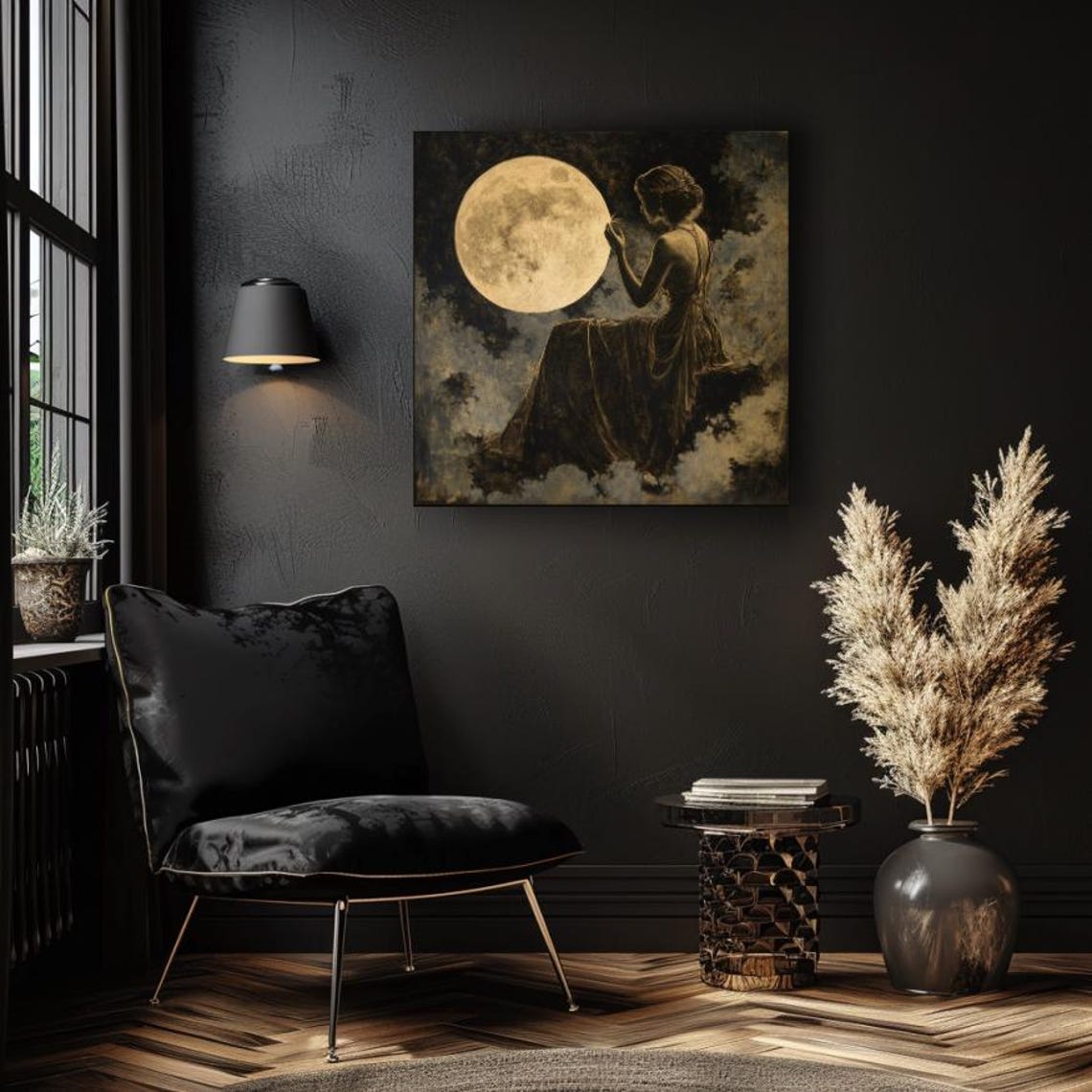 Moon Goddess Reaching for Full Moon Vintage Gold Night Art Poster - Image 4