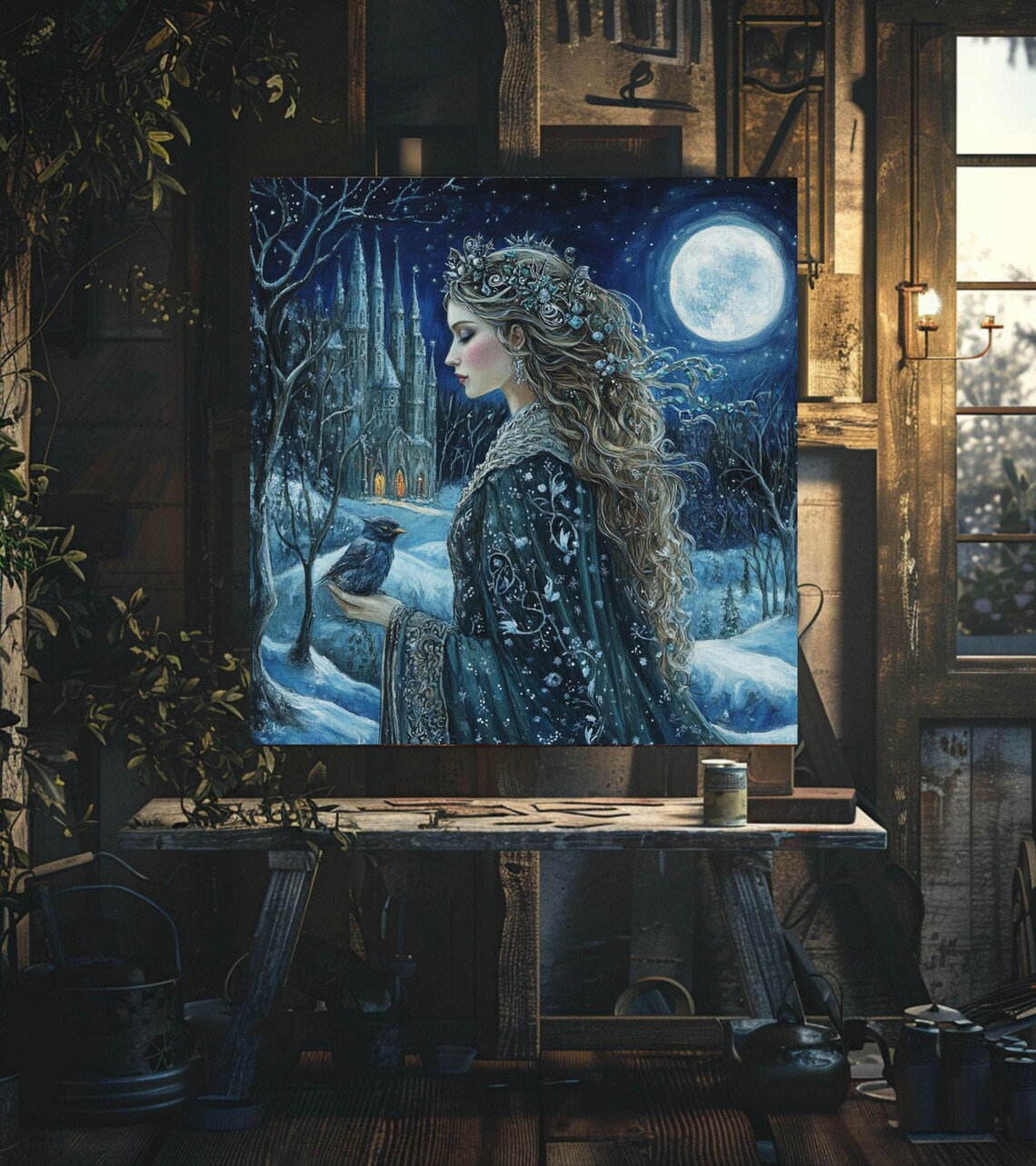 Winter Night Goddess with Bird Before Icy Castle Snowy Moon Poster - Image 3