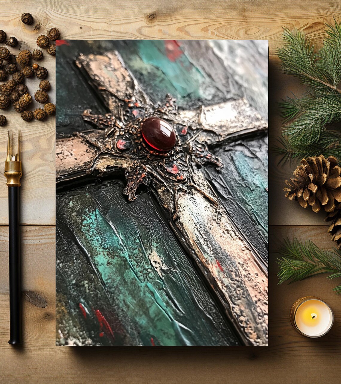 Ornate Vintage Cross with Red Gemstone Hardcover Journal Art Print - Image 4