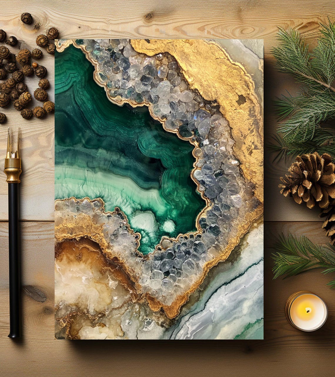 Green and Gold Geode Agate Slice Crystal Hardcover Journal Art Print - Image 4
