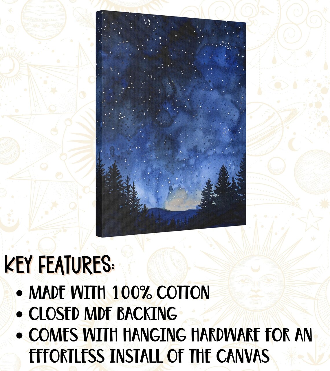 Starry Night Night Sky Watercolor Art Mountains Wall Decor Mystical Sky Wall Art Pine Forest - Image 3