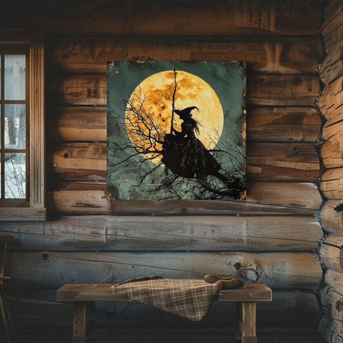 Witch Flying on Broomstick Across Giant Harvest Moon Vintage Poster
