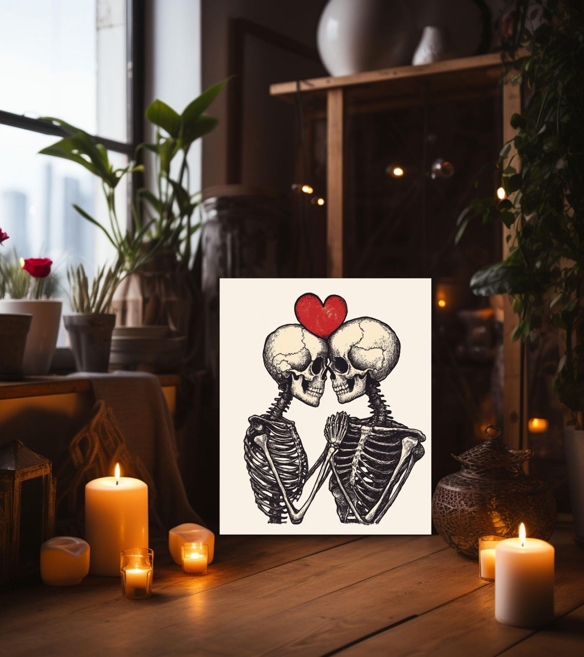 Skeleton Couple in Love with Red Heart Gothic Valentine Art Poster - Image 3