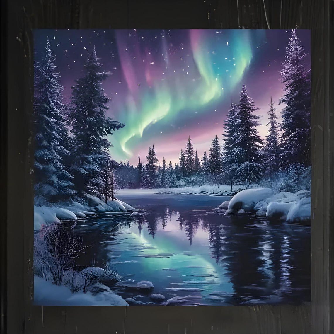 Aurora Borealis Over Snowy Pine Lake Colorful Night Sky Art Poster