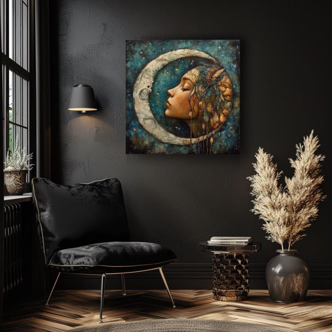 Moon Goddess Profile With Crescent Moon Headdress Gold Poster - Image 3
