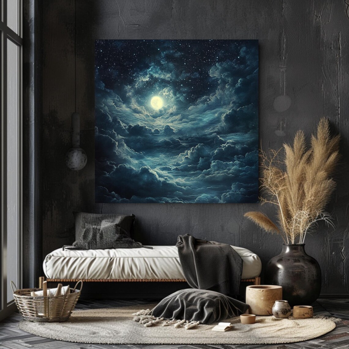 Full Moon Glowing Above Swirling Night Cloudscape Starry Art Poster - Image 2