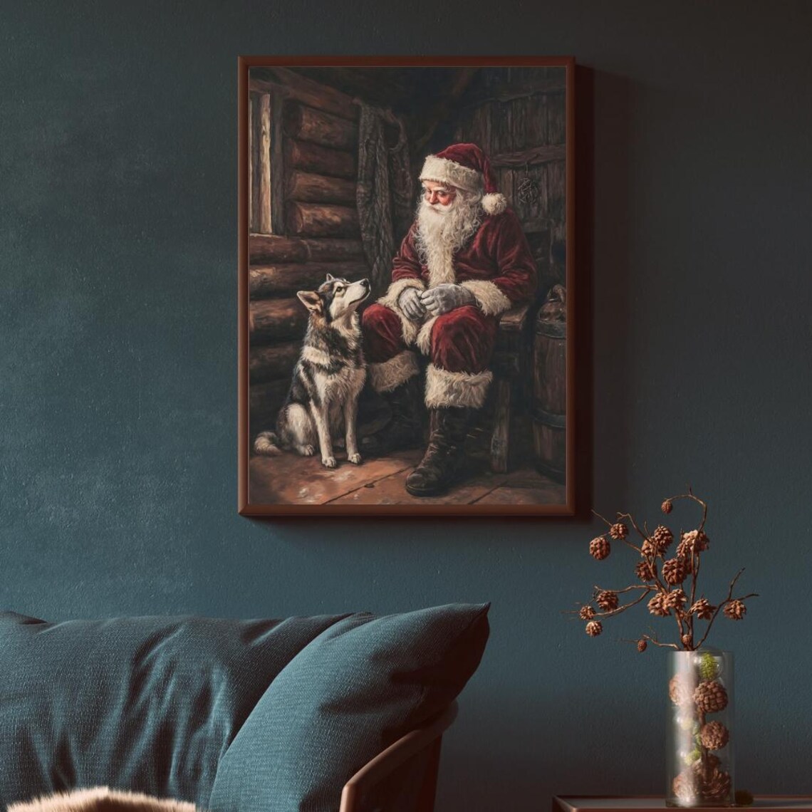 Santa and Husky Dog Cozy Cabin Vintage Christmas Art Print - Image 4