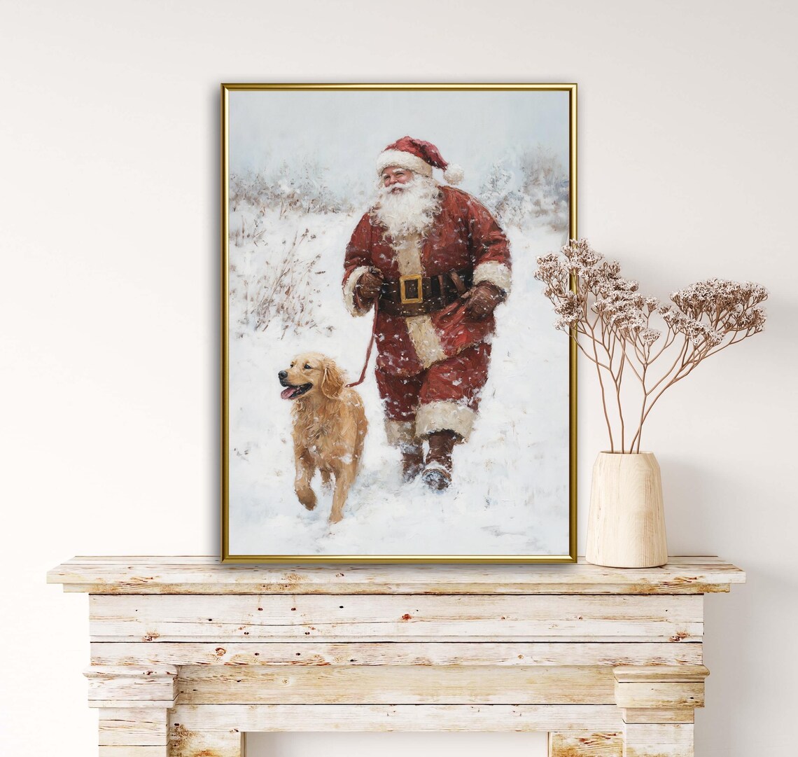 Vintage Santa With Golden Retriever, Christmas Art Print - Image 2