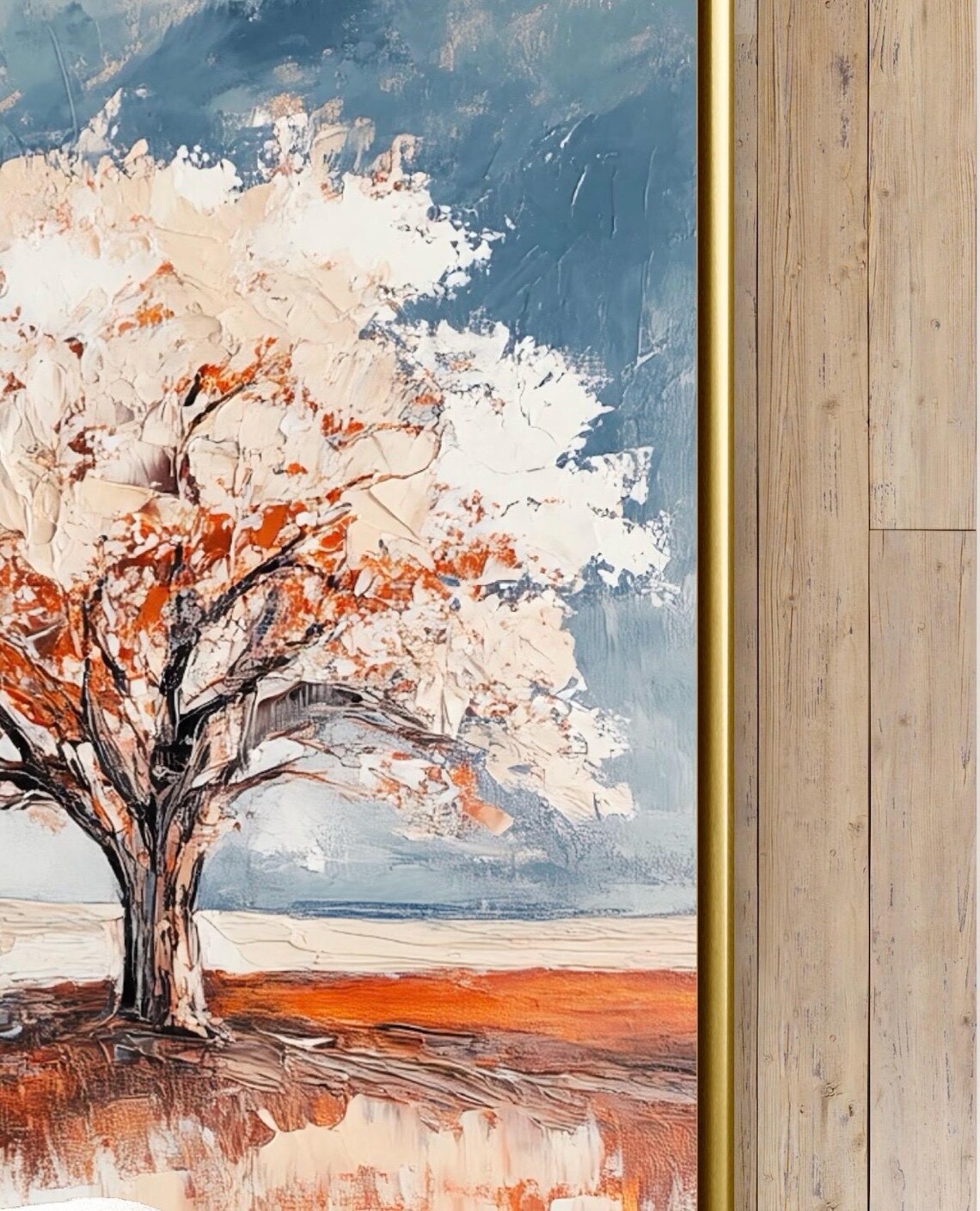 Lone Autumn Tree In Snowy Orange Field Abstract Impressionist Wall Art Print - Image 2