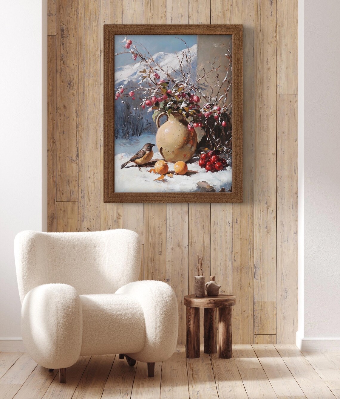 Winter Still Life Vase Of Snowy Red Berries With Little Bird Snow Art Print - Image 4