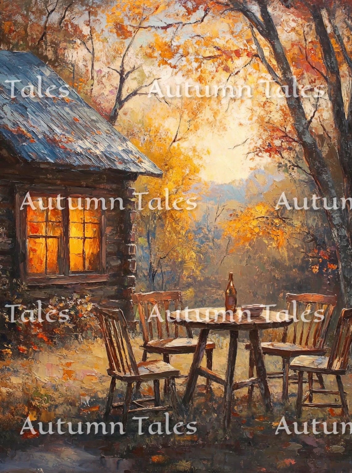 Cozy Log Cabin At Dusk With Glowing Window And Autumn Trees Art Print - Image 2