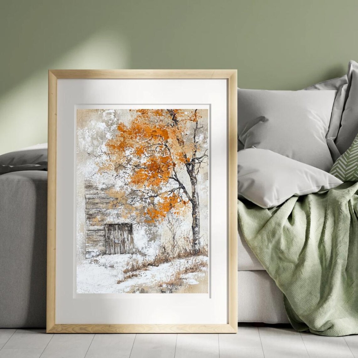 Autumn Tales Old Wooden Shed Birch Trees Snowy Vintage Farm Scene Poster - Image 3