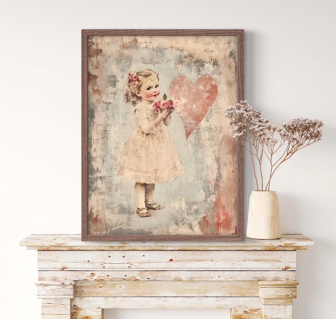 Sweet Little Girl Flowers Red Heart Vintage Valentines Day Poster - Image 3