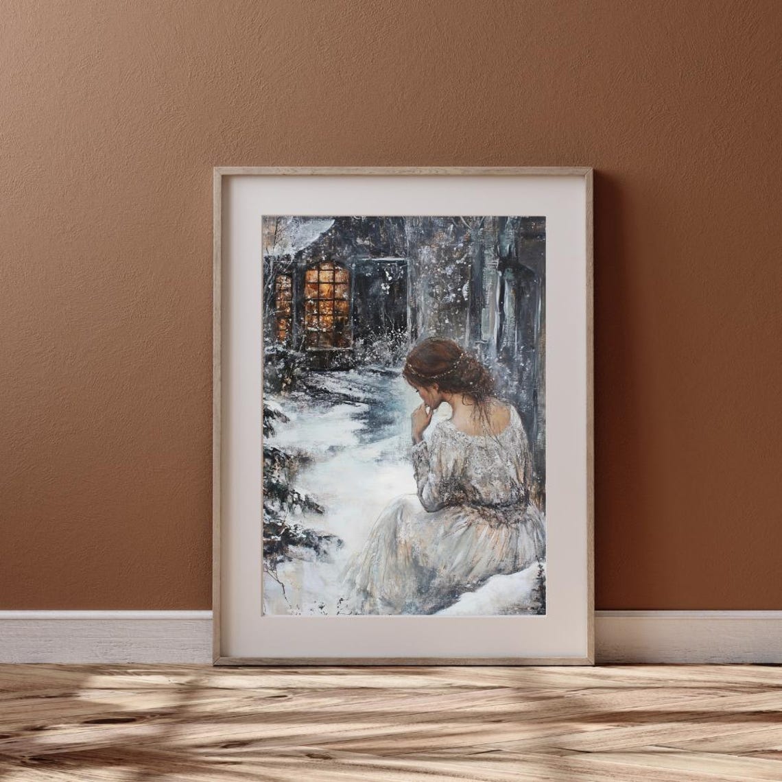Victorian Winter Cottagecore Wall Art Print Of A Girl In White Dress Moody Snowy Day Vintage Romantic Painting - Image 6