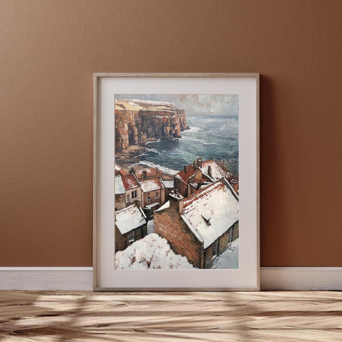 Snowy English Coastal Fishing Village Cliff Cottages Winter Seaside Poster - Image 6
