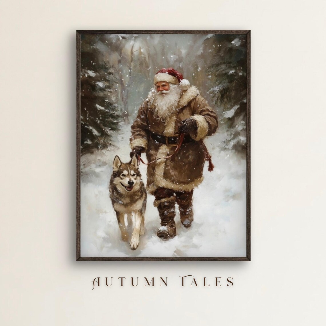 Santa Husky Dog Vintage Christmas Landscape Art Print