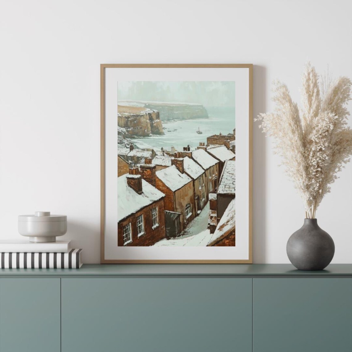 Old English Fishing Village in Snow with Coastal Cliffs Vintage Wall Art Poster - Image 4
