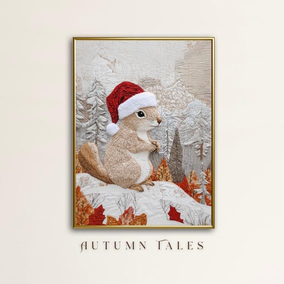 Cute Squirrel With Red Santa Hat In Snowy Winter Forest Wall Art Print Fabric Quilted Textured Christmas Home Decor Animal Art