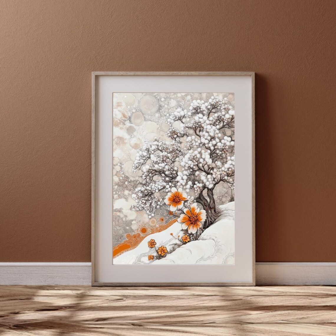 Snowy Blossoming Tree Ink Wash Style with Orange Flowers Winter Wall Art Poster - Image 6