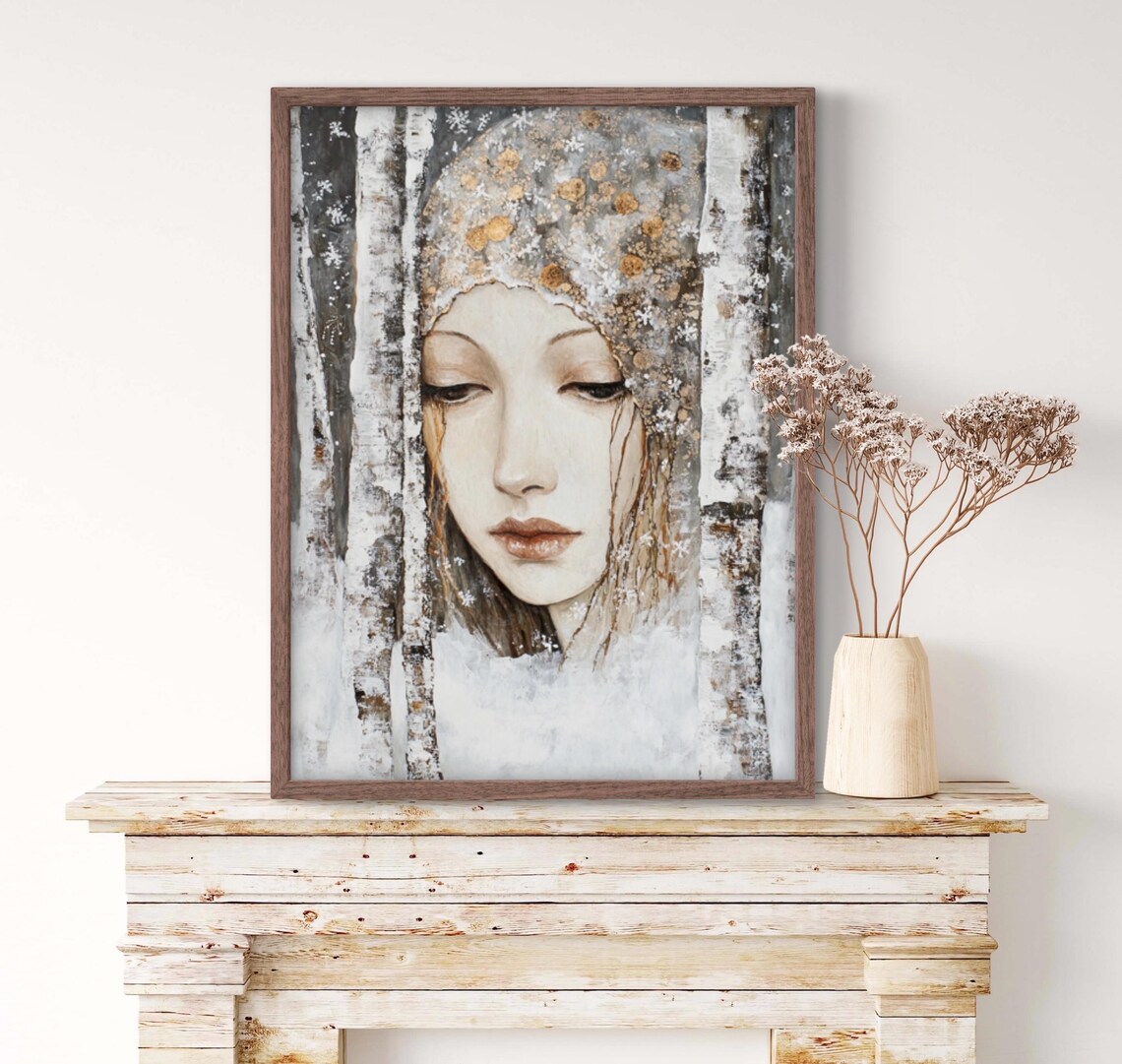 Winter Woman Portrait Emerging from Snowy Birch Forest Klimt Inspired Wall Art - Image 3