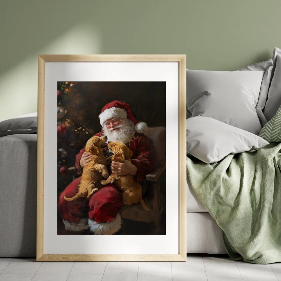 Santa And Golden Retriever Puppies Vintage Christmas Poster - Image 2