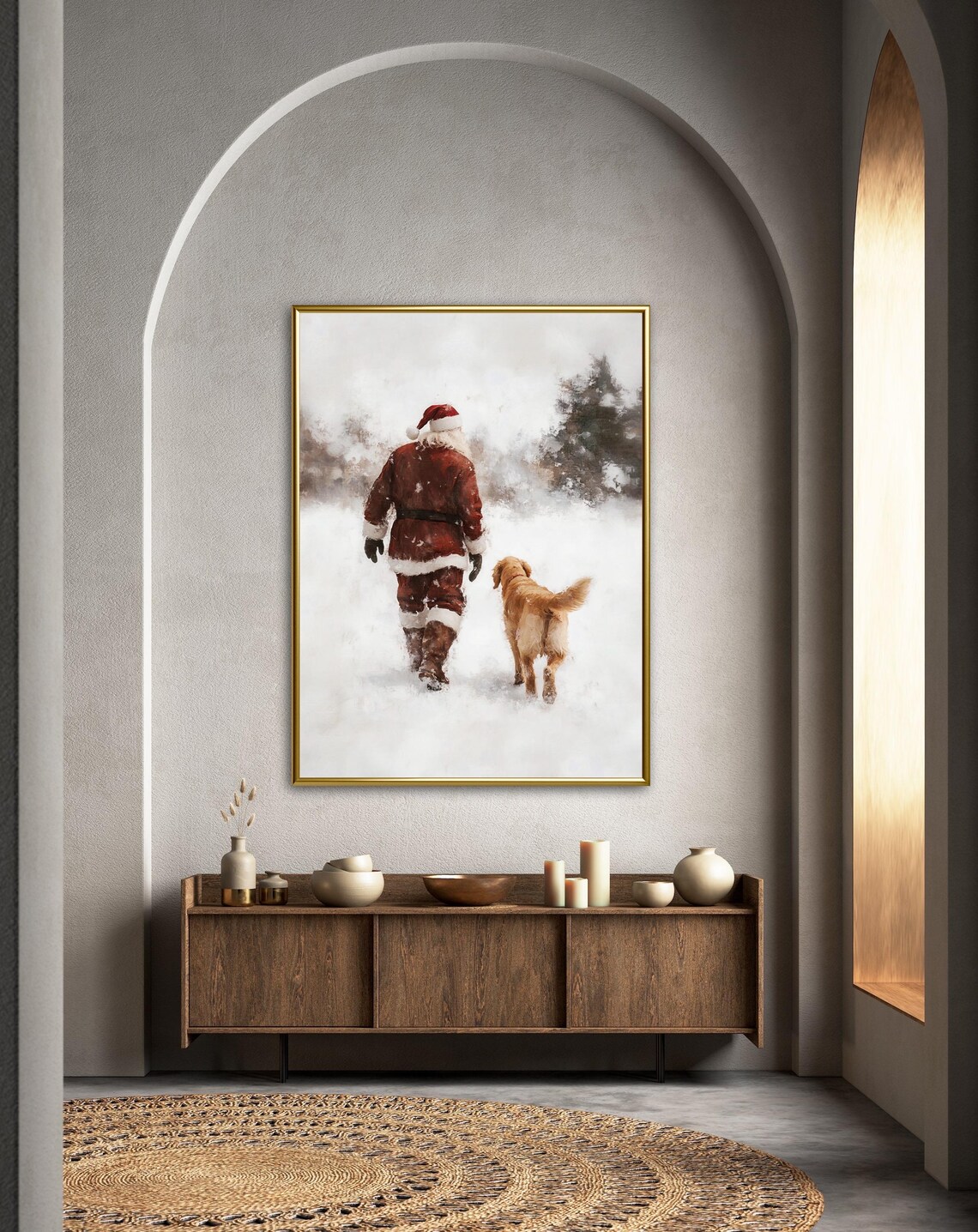 Vintage Santa And Golden Retriever Art Print - Image 2