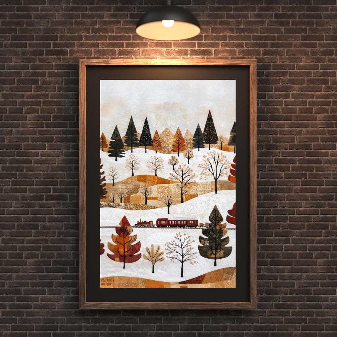 Folk Patchwork Train Snowy Hills Autumn Trees Christmas Poster - Image 4