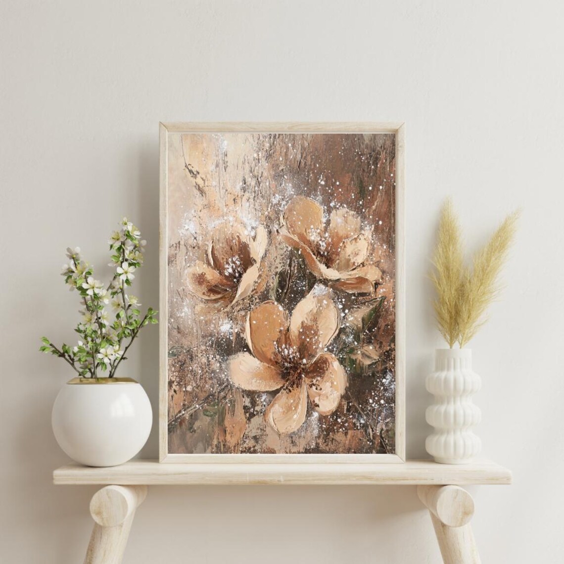 Abstract Caramel Brown Flowers on Dark Texture Moody Botanical Wall Art Poster - Image 3