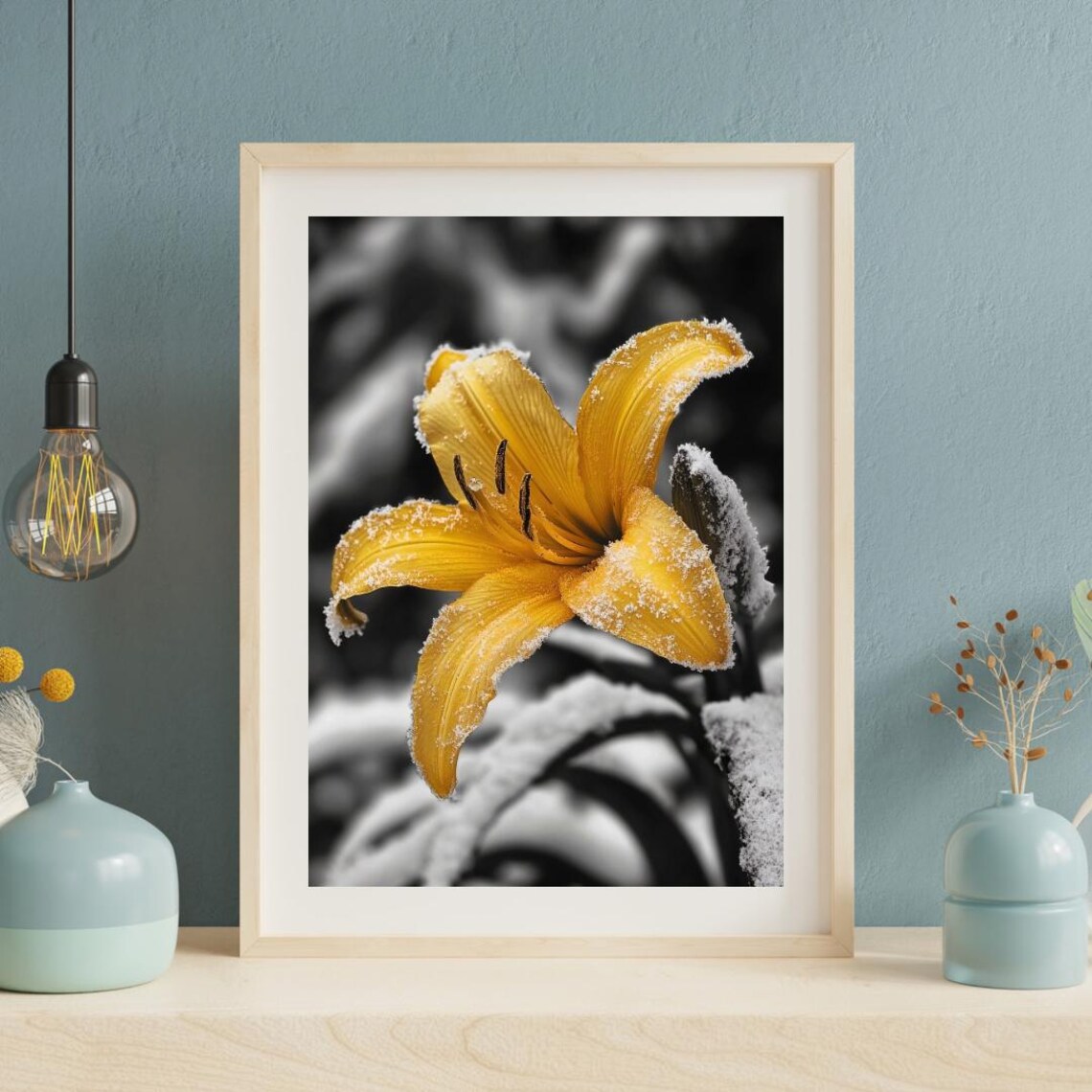 Yellow Lily Dust Frost In Monochrome Snowy Forest Black White Photo Poster - Image 4