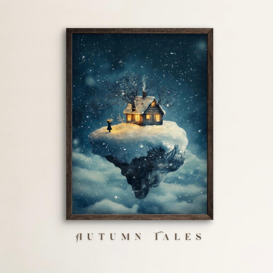 Surreal Floating Island Snow Cottage Starry Night Winter Dream Poster