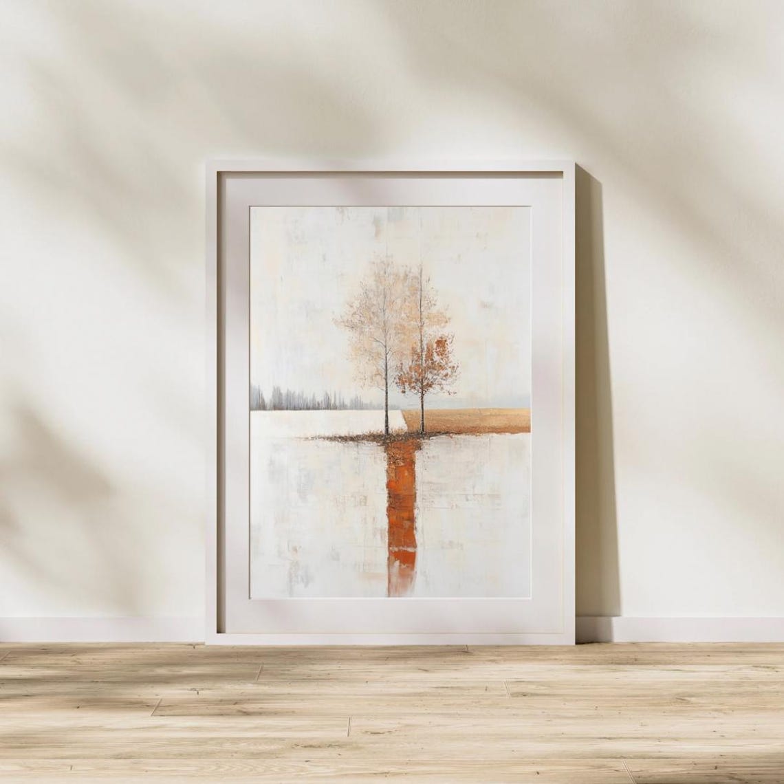 Two Autumn Trees At Still Water With Orange Reflection Art Print - Image 3