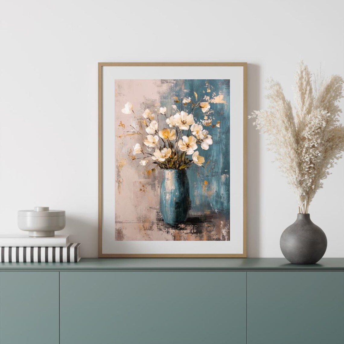 Blue Ceramic Vase with White Flowers Abstract Floral Still Life Wall Art Print - Image 4