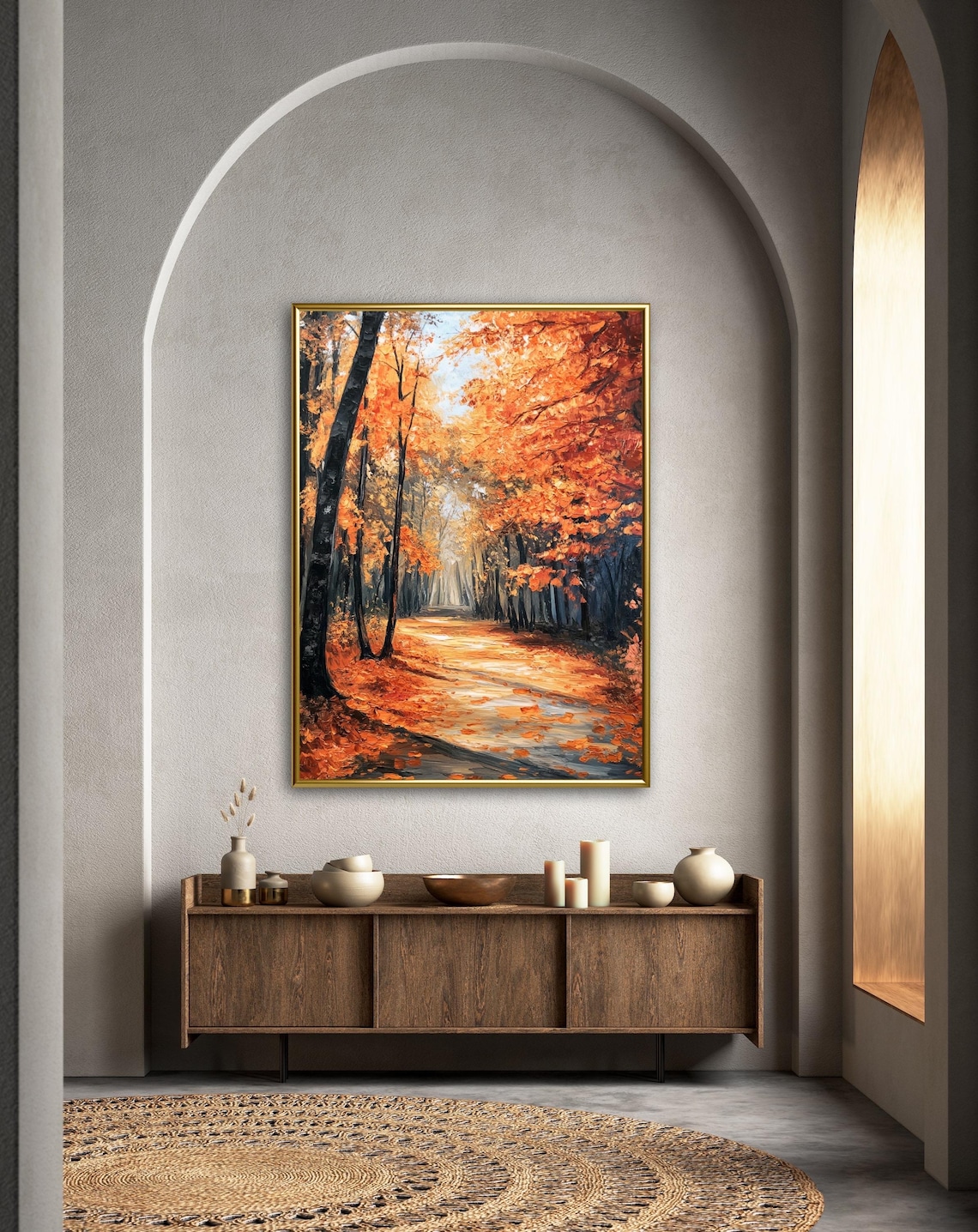 Fiery Vibrant Orange Autumn Forest Path Oil Painting Art Print - Image 2