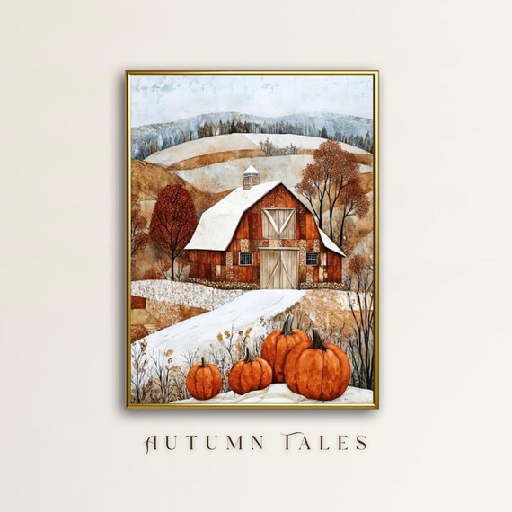 Cozy Rustic Red Barn In Snowy Hills With Pumpkins Folk Art Print