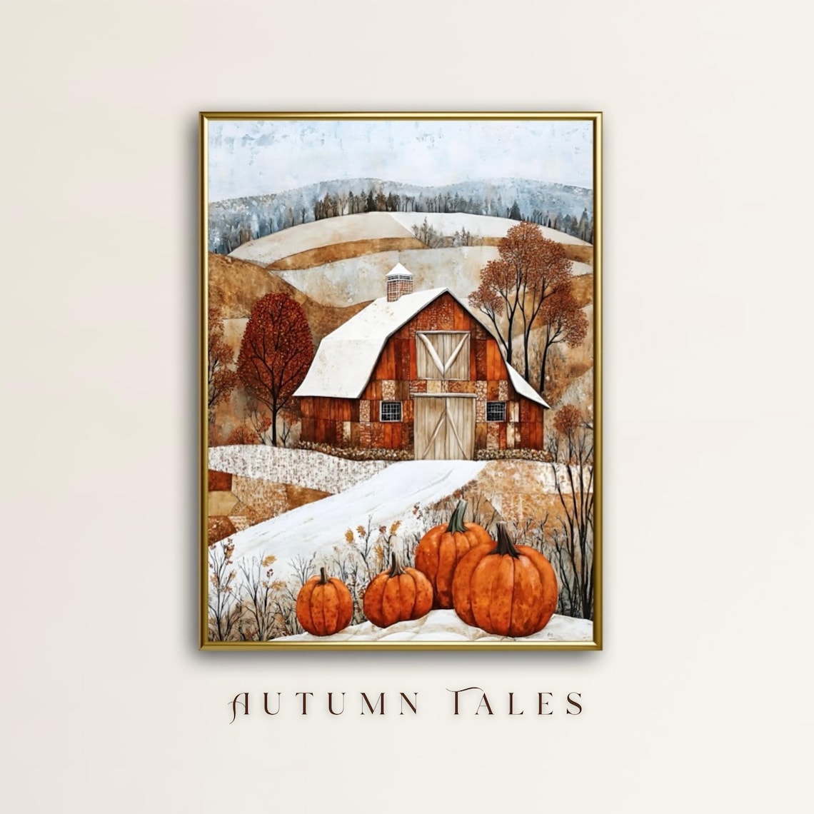 Cozy Rustic Red Barn In Snowy Hills With Pumpkins Folk Art Print