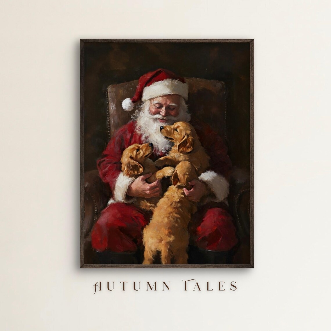 Santa And Golden Retriever Puppies Wall Art Moody Dark Christmas Of Cute Puppies Vintage Rustic Christmas Winter Home Decor