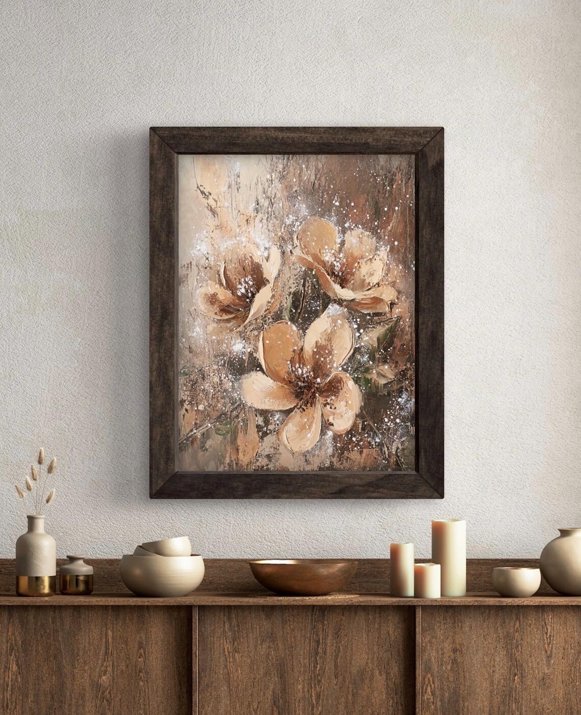 Abstract Caramel Brown Flowers on Dark Texture Moody Botanical Wall Art Poster - Image 5
