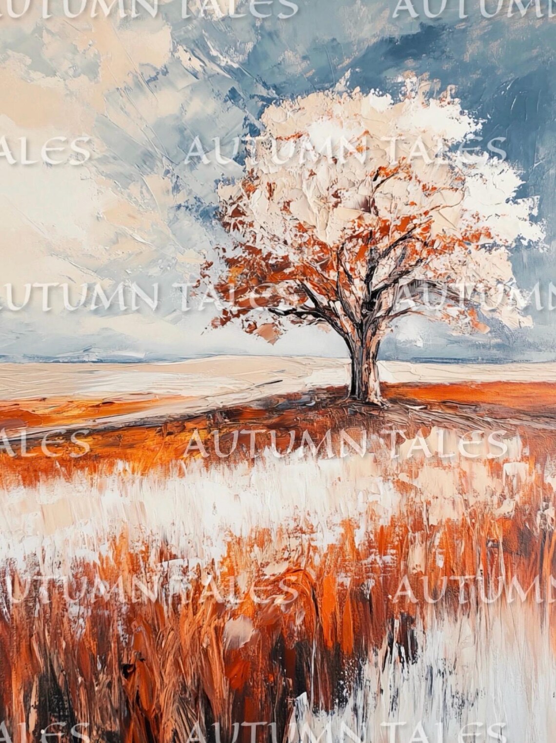 Lone Autumn Tree In Snowy Orange Field Abstract Impressionist Wall Art Print - Image 4